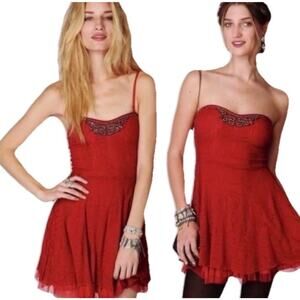 Free People Red Lace Mini Dress Size XS Beaded Spaghetti Strap Y2K